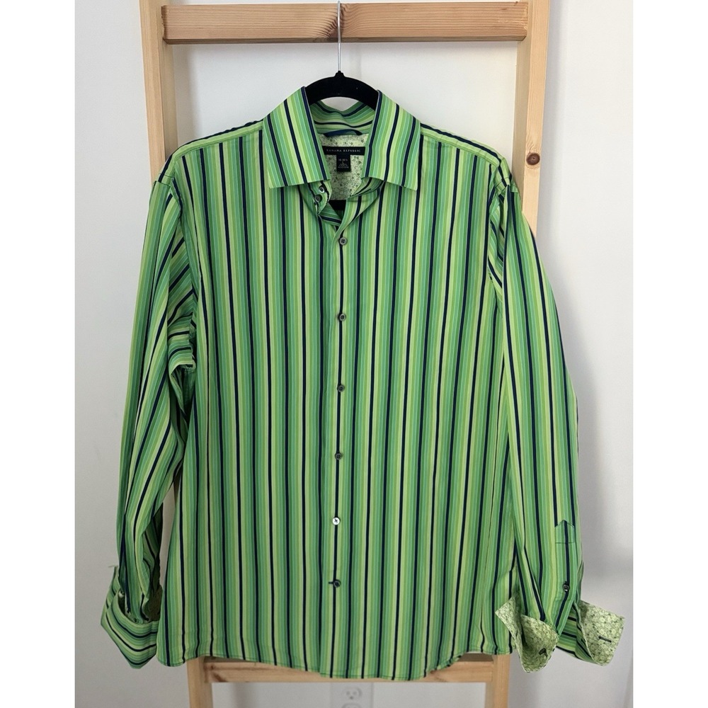 BANANA REPUBLIC MEN‎ DRESS SHIRT L 16-161/2 GREEN NAVY STRIPES FRENCH CUFF (B4)